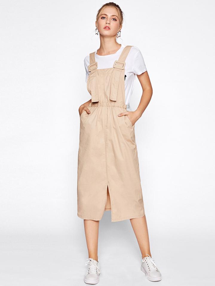 Shein Elastic Waist Split Front Strap Dungaree Dress