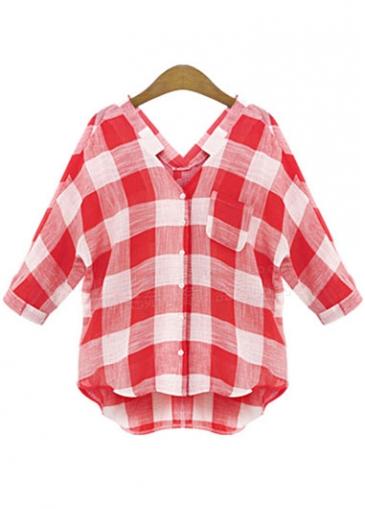 Rosewe White And Red Plaid V Neck Shirt