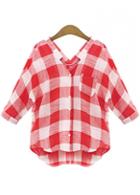 Rosewe White And Red Plaid V Neck Shirt