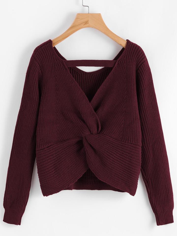 Shein Twist Back Crop Chunky Knit Sweater