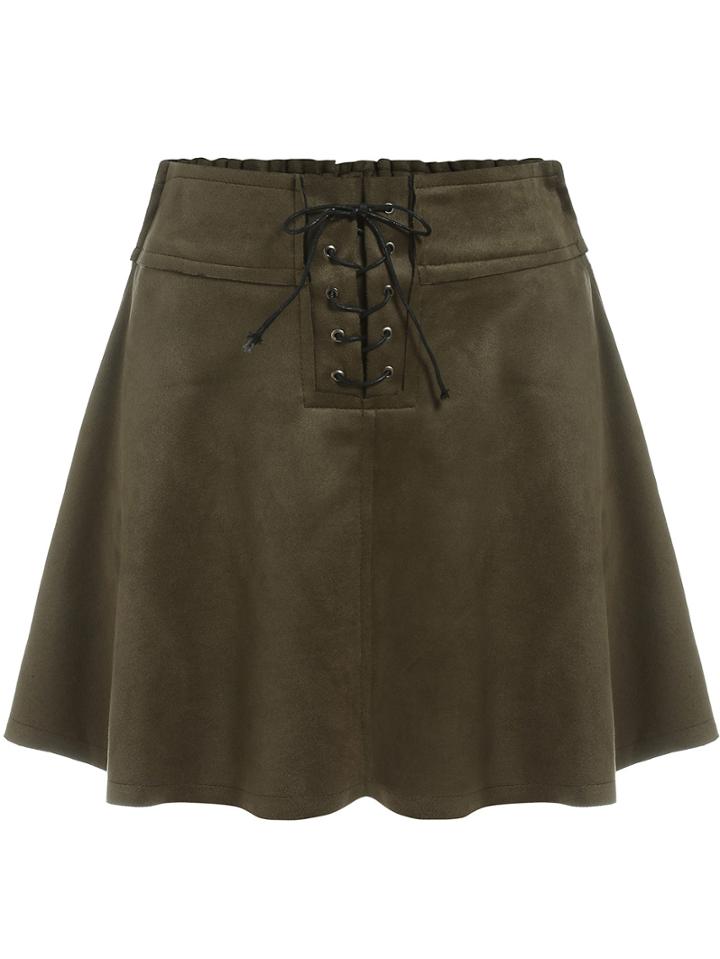 Shein Army Green Lace Up Flare Skirt