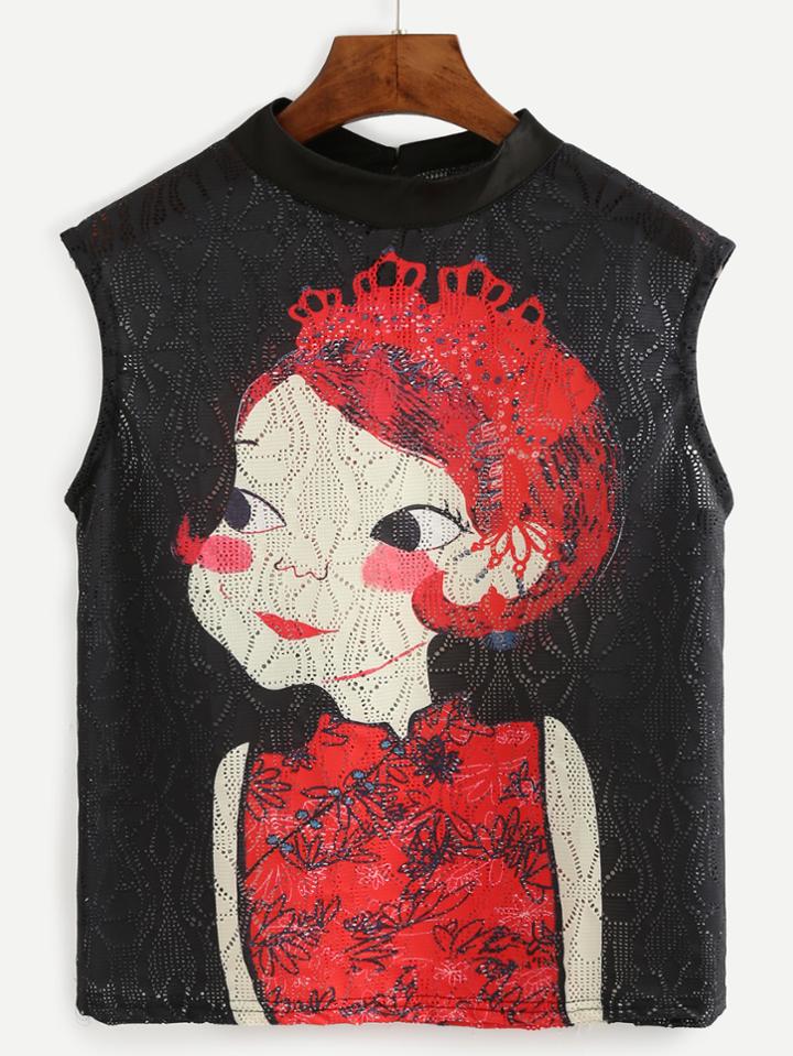 Shein Black Sleeveless Girl Print Eyelet Blouse