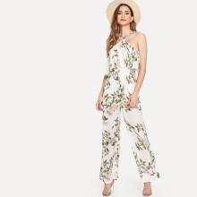 Shein Halterneck Double Layer Botanical Jumpsuit