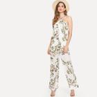 Shein Halterneck Double Layer Botanical Jumpsuit