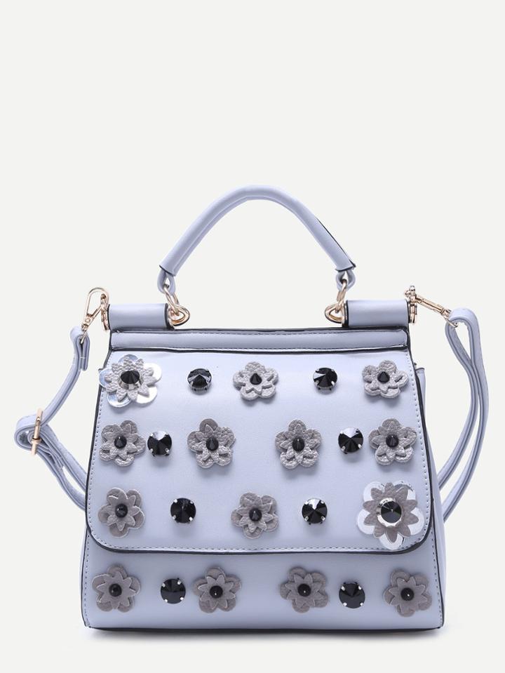 Shein Light Blue Flower And Rhinestone Embellished Pu Handbag With Strap