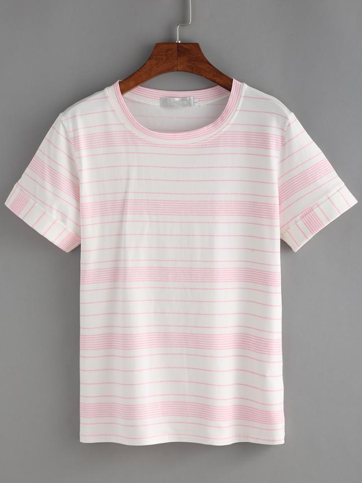 Shein Pink Strip Roll Sleeve T-shirt