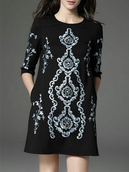 Shein Black Vintage Embroidered Pockets Shift Dress