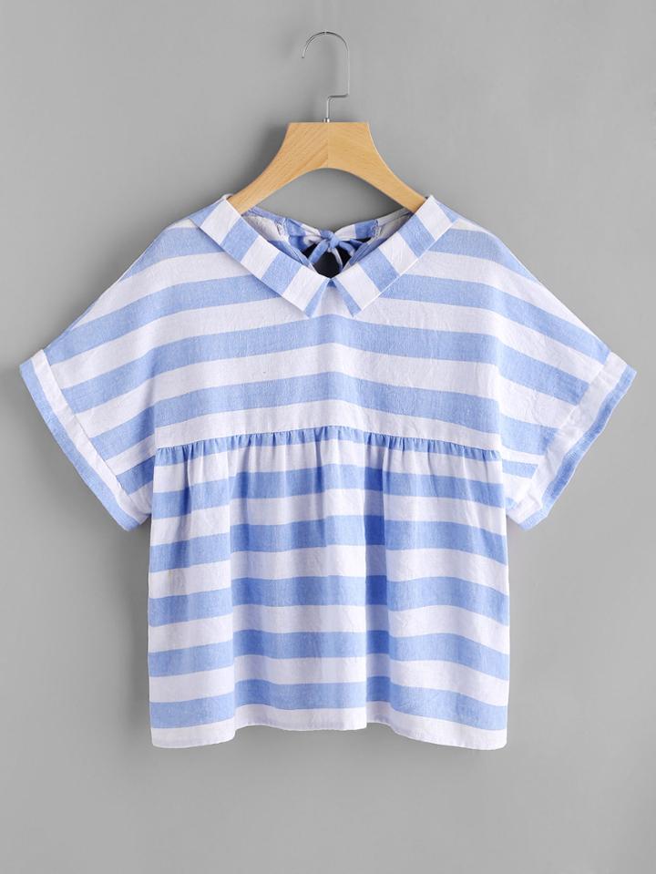 Shein Pointed Collar Tie Back Striped Babydoll Top
