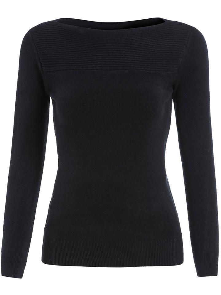 Shein Black Boat Neck Long Sleeve Slim Knitwear