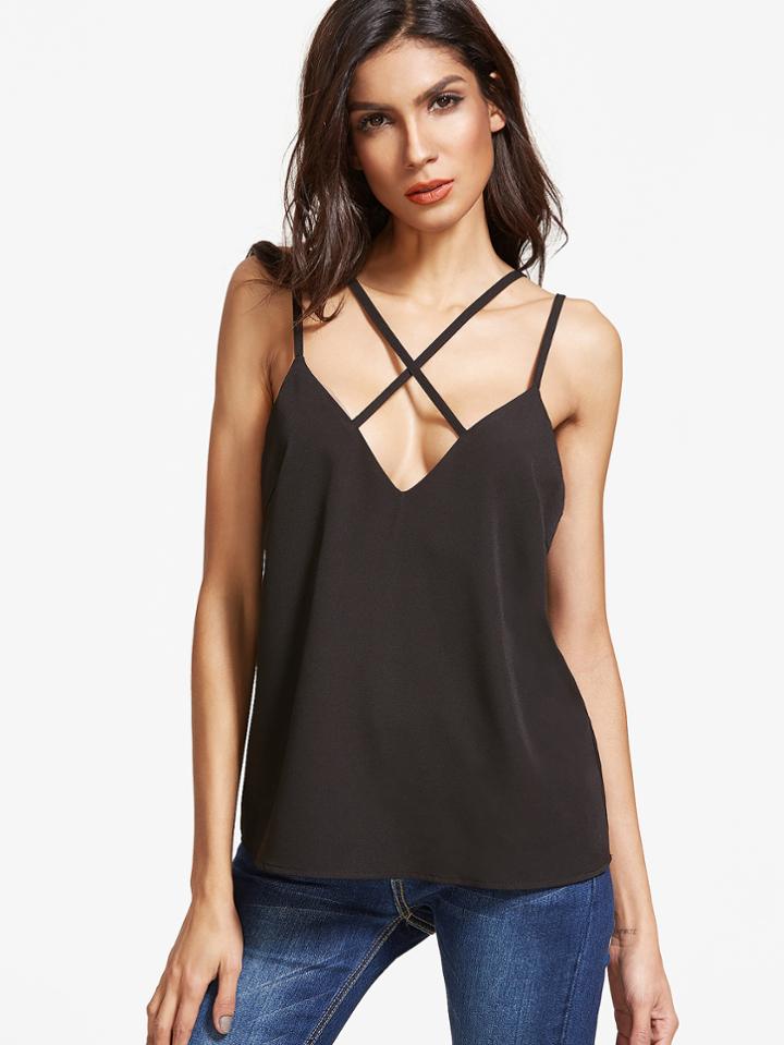 Shein Black Double Strap Crisscross Front Cami Top