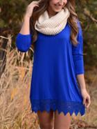 Shein Blue Long Sleeve Slim Lace Hem Dress
