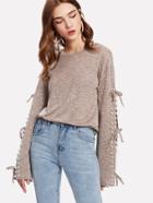 Shein Pearl Beading Knotted Split Sleeve Marled Top