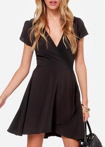 Rosewe Chic V Neck Short Sleeve Black A Line Dress