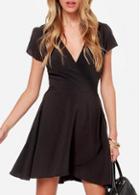 Rosewe Chic V Neck Short Sleeve Black A Line Dress