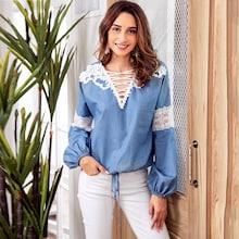 Shein Contrast Lace Criss Cross Neck Blouse