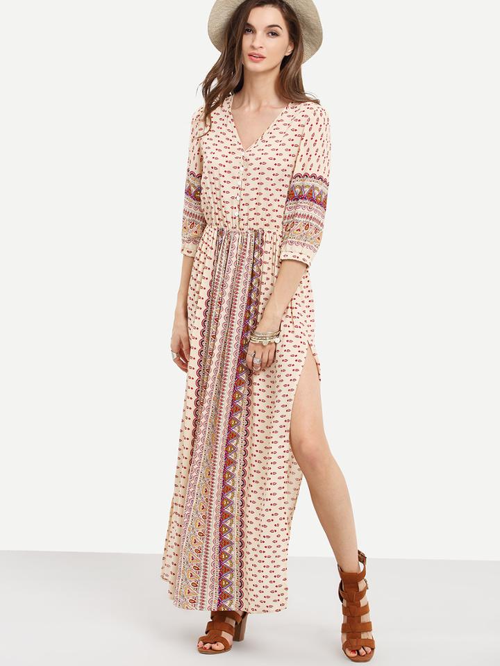 Shein Apricot Half Sleeve Vintage Print Split Maxi Dress