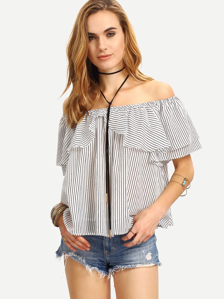 Shein Black And White Striped Ruffle Off The Shoulder Blouse