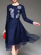 Shein Blue Organza Embroidered A-line Dress