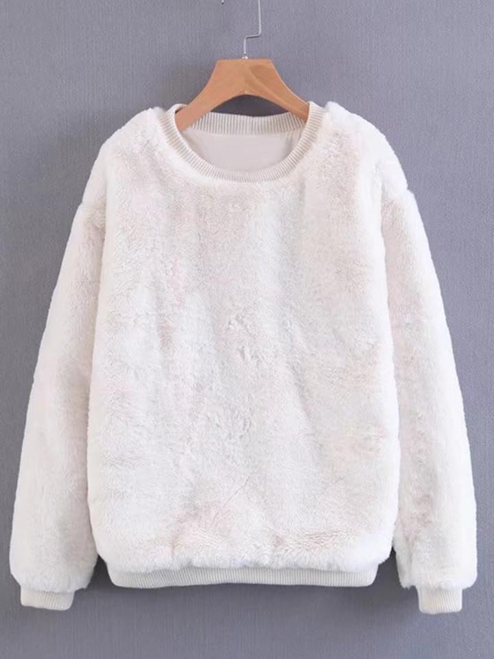 Shein Ribbed Trim Faux Fur Sweatshirt