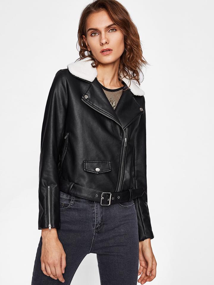 Shein Belted Hem Fleece Collar Moto Jacket