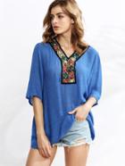Shein Blue Beaded Embroidered V Neck Tunic Blouse