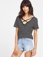 Shein Striped Double V Neck Criss Cross T-shirt