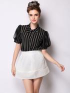 Shein Black Vertical Striped Single Breasted Blouse