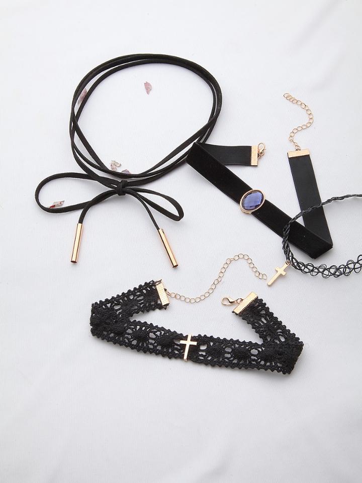 Shein Black Cross Pendant Wrap Choker Set
