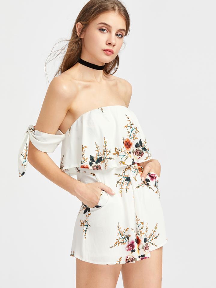 Shein Flounce Layered Neckline Tie Sleeve Floral Playsuit