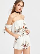 Shein Flounce Layered Neckline Tie Sleeve Floral Playsuit