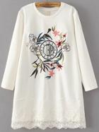 Shein White Flower Embroidery Lace Hem Dress