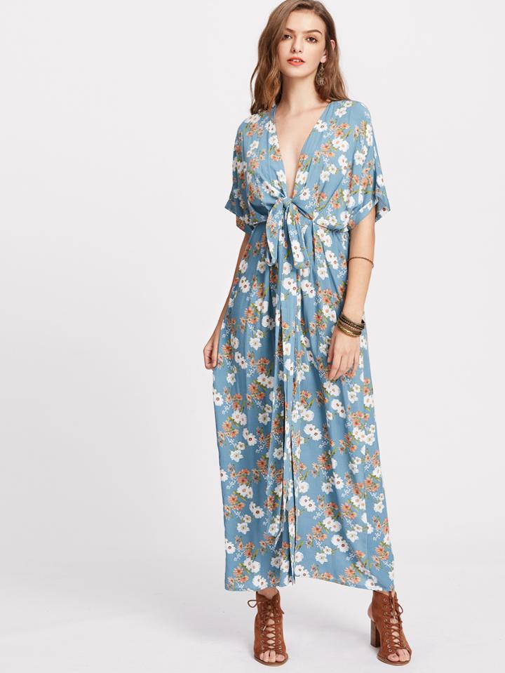 Shein Flower Print Knot Plunge Neck Kimono Dress