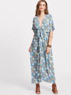 Shein Flower Print Knot Plunge Neck Kimono Dress