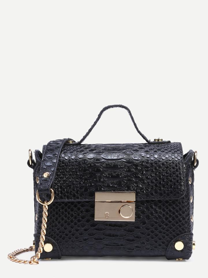 Shein Black Crocodile Embossed Box Bag With Chain Strap
