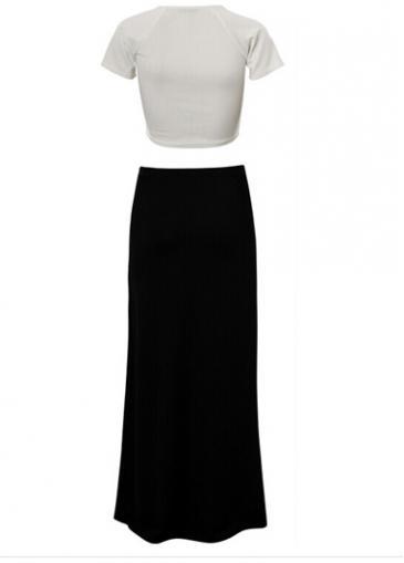 Rosewe Chic Short Sleeve White Tops And Black Skirt