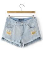 Shein Blue Pockets Embroidery Fringe Trim Denim Shorts