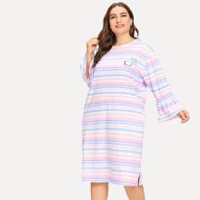 Shein Plus Bear Print Flounce Sleeve Striped Night Dress