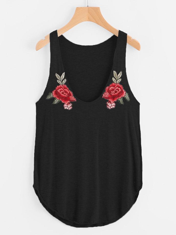 Shein Curved Hem Tank Top With Embroidered Patches