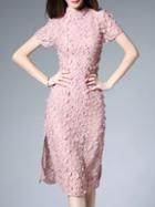 Shein Pink Flowers Applique Lace Split Dress