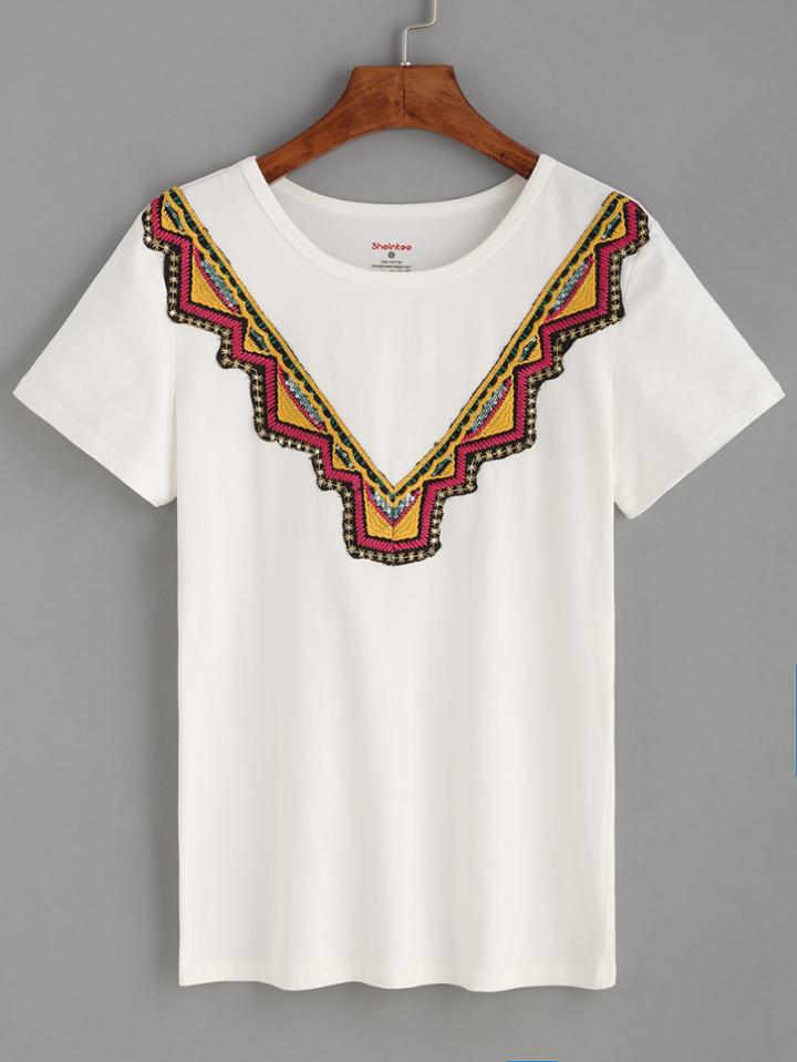 Shein White Embroidery Sequins Embedded T-shirt