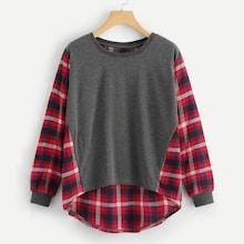 Shein Plaid Panel Dip Hem Sweatshirt