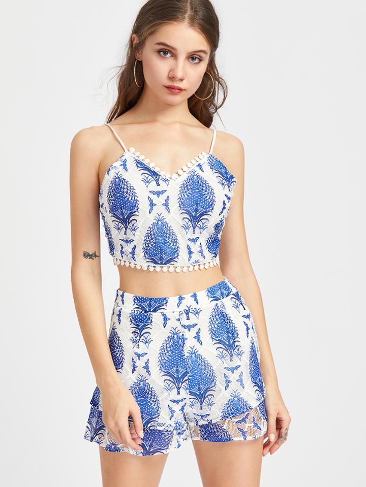 Shein Dot Crochet Trim Tropical Mesh Cami And Shorts Set