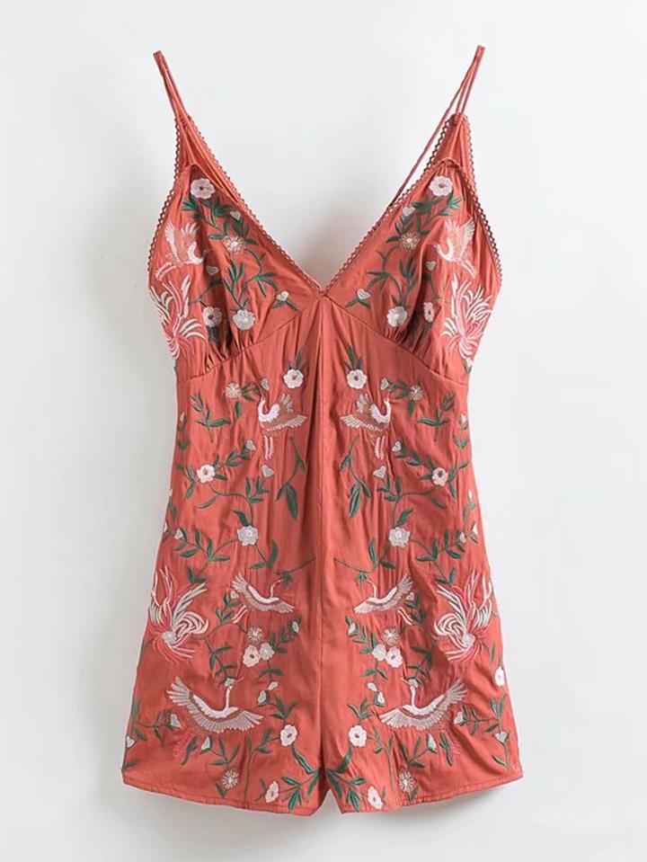 Shein V Back Embroidered Cami Playsuit