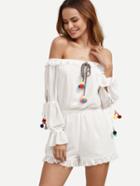 Shein White Off The Shoulder Pom-pom Tie Jumpsuit