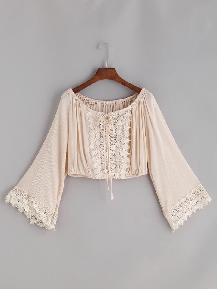 Shein Crochet Lace Trim Tie Boat Neck Top