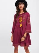 Shein Tasseled Tied Neck Embroidery Smock Dress