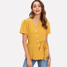 Shein Single Breasted Self Tie Waist Blouse