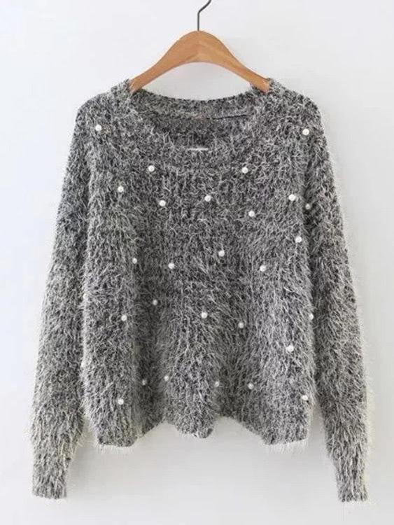 Shein Pearl Beading Fuzzy Jumper