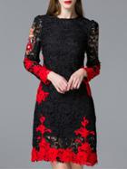Shein Black Color Block Crochet Applique Pouf Dress