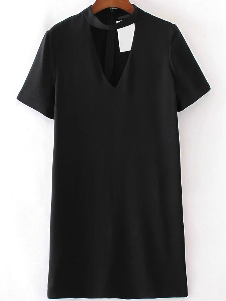 Shein Black Choker V Neck Short Sleeve Dress